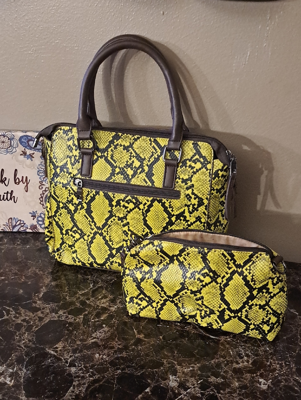Yellow Snake-Print Tote Bag with Matching Pouch - Women Bags
